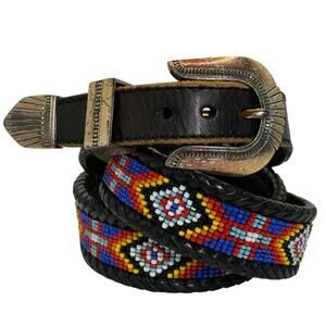 Beaded Black Leather Belt